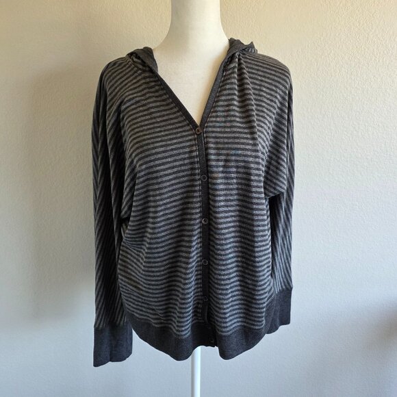 Eileen Fisher Gray Stripe Top Cardigan Hoodie Super Soft Modal Button Front Sz M - Picture 1 of 8